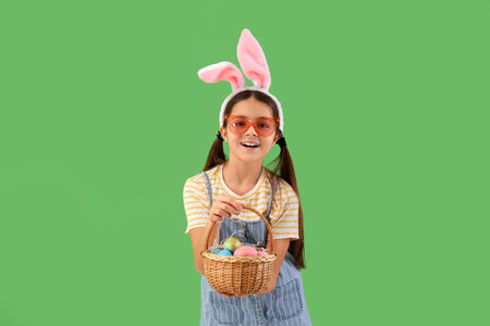 Little girl in bunny ears with basket of Easter eggs on green backgroundの写真素材