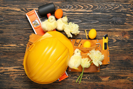 Builder's equipment with Easter eggs, chickens and flowers on dark wooden backgroundの写真素材