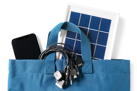 Bag with portable solar panel, cables and mobile phone on white background, closeupの写真素材