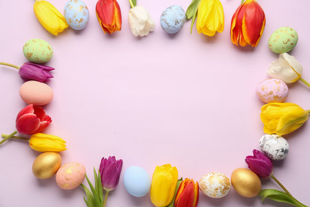 Frame made of painted Easter eggs and beautiful tulips on color backgroundの写真素材