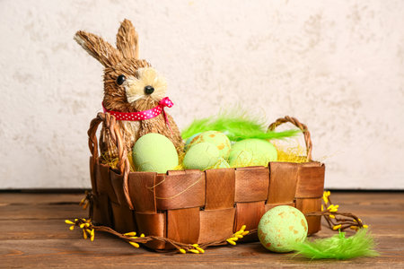 Wicker basket with painted Easter eggs and bunny on wooden table near white wallの写真素材