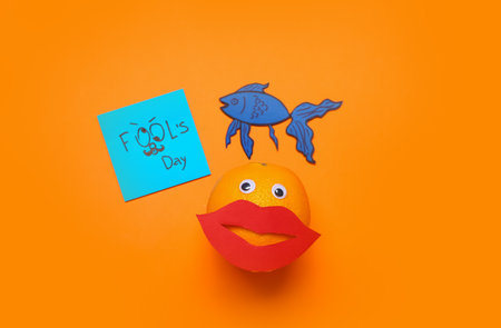 Creative composition with orange and paper decor on color background. April Fool's Day celebration