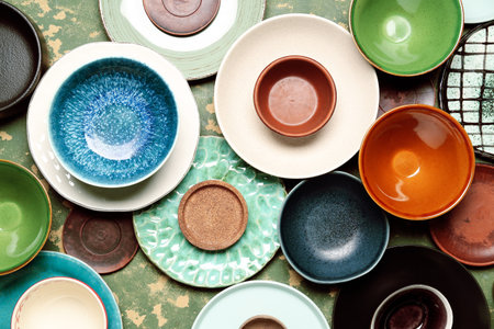Composition with clean ceramic plates and bowls on green grunge backgroundの写真素材