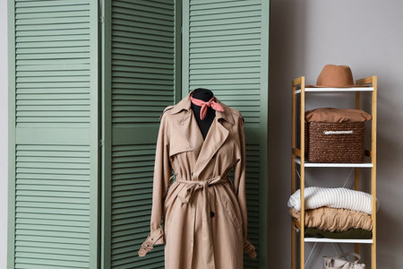 Interior of fashion designer's studio with mannequin, clothes and shelving unitの写真素材