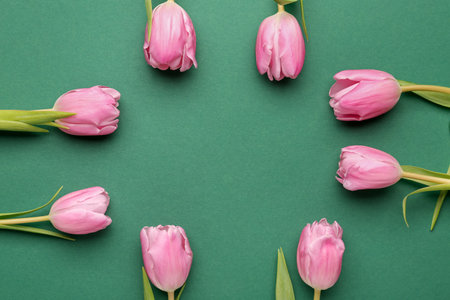 Frame made of beautiful tulip flowers on green backgroundの写真素材