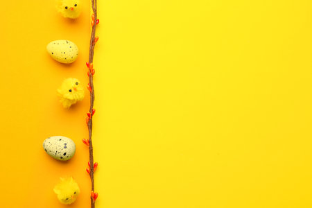 Blank greeting card, Easter eggs and baby chickens on orange backgroundの写真素材