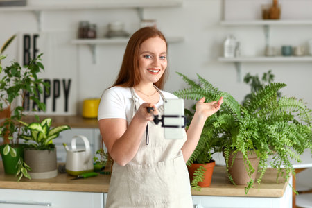 Young woman with green houseplants taking video at homeの写真素材