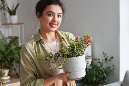 Young woman with green houseplant in kitchenの写真素材