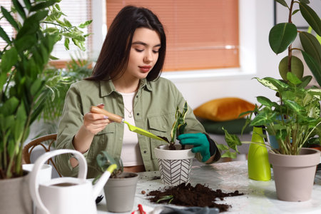 Young woman transplanting green houseplant at homeの写真素材