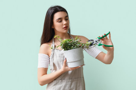 Young woman cutting houseplant with pruner on green backgroundの写真素材