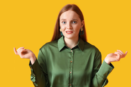 Confused young redhead woman on yellow backgroundの写真素材