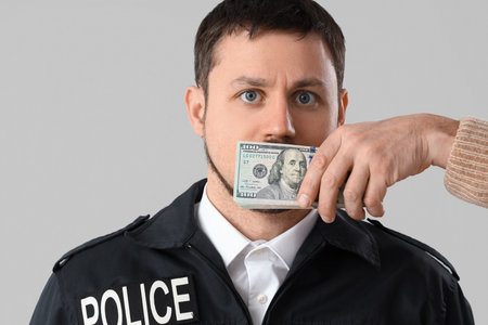 Man with bribe covering mouth of policeman on gray backgroundの写真素材