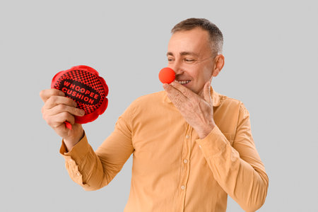 Mature man with clown nose and whoopee cushion on gray background. April Fools' Day celebration