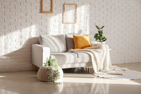 Interior of living room with gray couch and houseplantsの写真素材