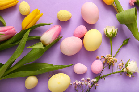 Composition with painted Easter eggs and beautiful flowers on color backgroundの写真素材