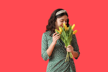 Teenage girl with tulips on red backgroundの写真素材