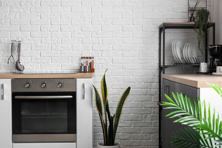 Electric stove with oven in interior of modern kitchenの写真素材