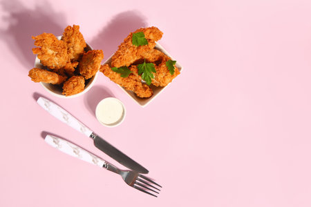 Bowls of tasty nuggets and sauce on pink backgroundの写真素材