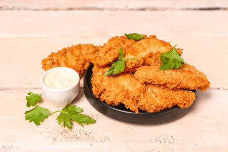 Plate of tasty nuggets with parsley and sauce on light wooden backgroundの写真素材