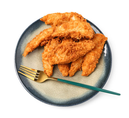 Plate with tasty nuggets and fork on white backgroundの写真素材