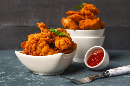 Bowls of tasty nuggets and sauce on dark tableの写真素材