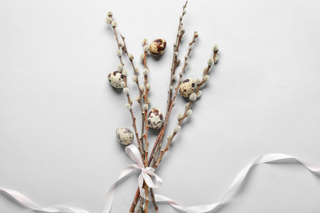 Willow branches tied with ribbon and Easter eggs on light backgroundの写真素材