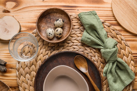 Beautiful table setting with plates, bowl and quail eggs on wooden background
