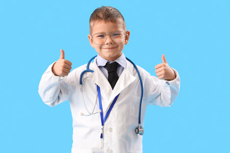 Cute little doctor showing thumbs-up on blue backgroundの写真素材