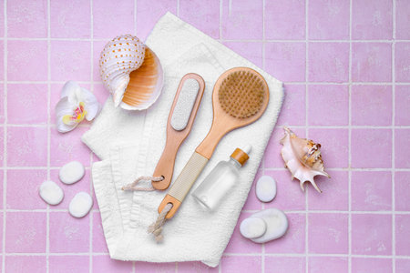 Composition with bath supplies and seashells on color tile background