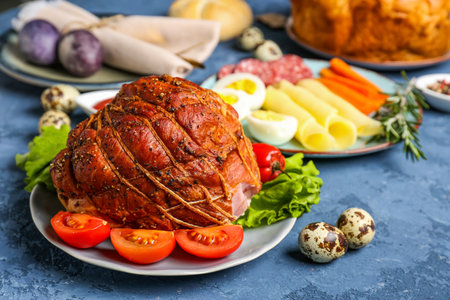 Plate with tasty ham and dishes for Easter dinner on color backgroundの写真素材