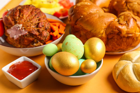Bowl of painted eggs and tasty dishes for Easter dinner on color background, closeupの写真素材