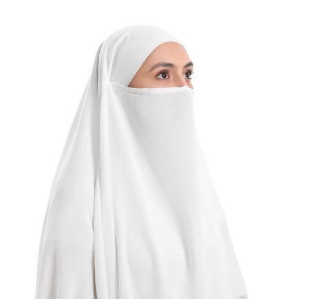 Pretty Muslim woman on white backgroundの写真素材