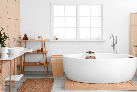 Interior of bathroom with modern bathtub, laptop, champagne and burning candles on boardの写真素材