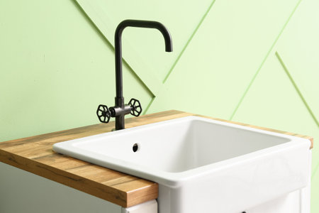 Table with ceramic sink near green wallの写真素材