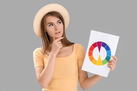 Thoughtful young woman with paint color palette on gray backgroundの写真素材