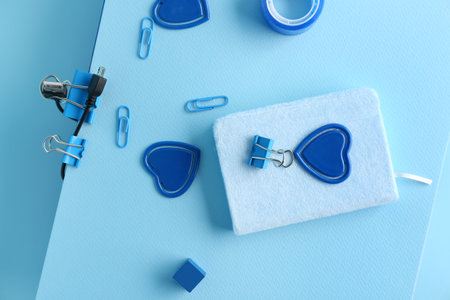 Set of stationery and USB cable on color background, closeupの写真素材