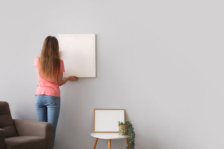 Young woman hanging blank poster on gray wall at home, back viewの写真素材