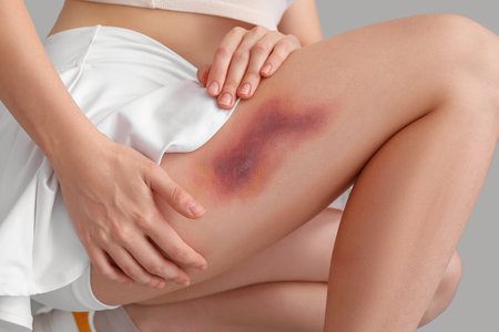 Young woman with bruised leg on gray background, closeupの写真素材