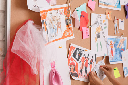 Fashion designer attaching pictures to board in studio