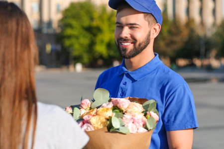 Young woman receiving bouquet of flowers from courier outdoorsの写真素材