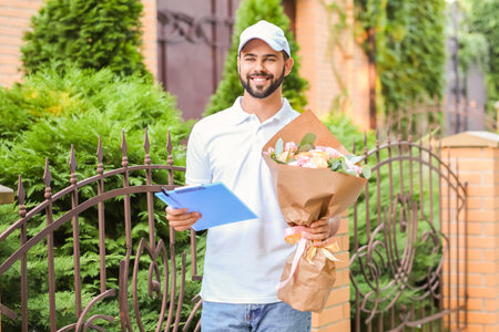 Delivery man with bouquet of beautiful flowers outdoorsの写真素材