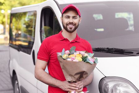 Delivery man with bouquet of beautiful flowers near car outdoorsの写真素材
