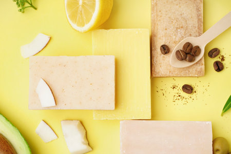 Composition with soap bars and natural ingredients on yellow backgroundの写真素材