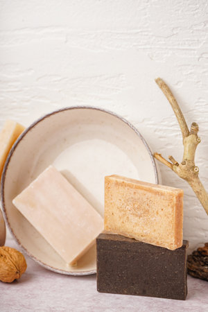 Composition with natural soap bars on light background, closeupの写真素材