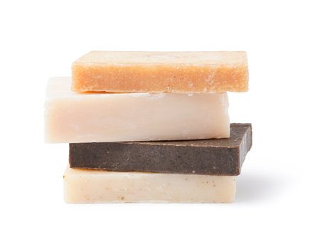 Stack of different soap bars isolated on white backgroundの写真素材