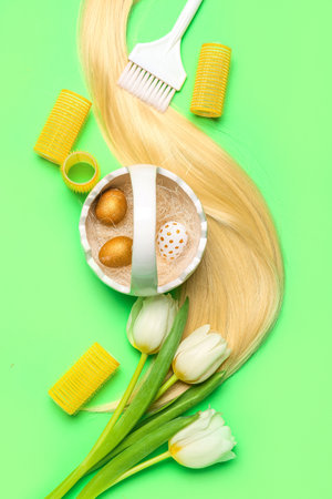 Hairdresser's tools with Easter eggs and tulips on green backgroundの写真素材