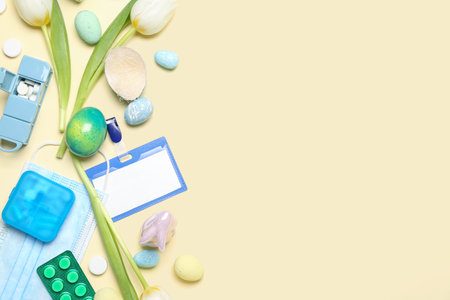 Blank badge with Easter eggs, pills and tulips on beige background. world health day
