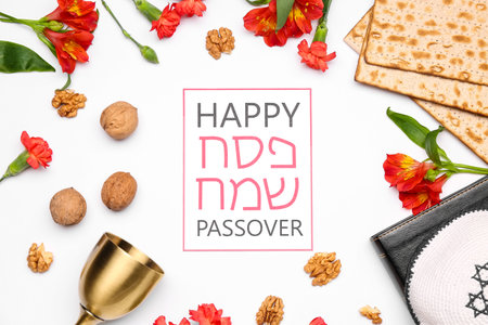 Composition with greeting card, flatbread matza, cup, flowers and walnuts on white backgroundの写真素材