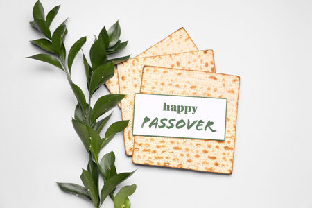 Card with text HAPPY PASSOVER, Jewish flatbread matza and plant branches on light background
