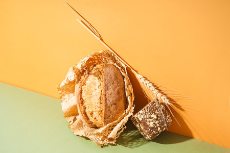 Parchment with fresh loaves of bread and wheat ear on green table near orange wall